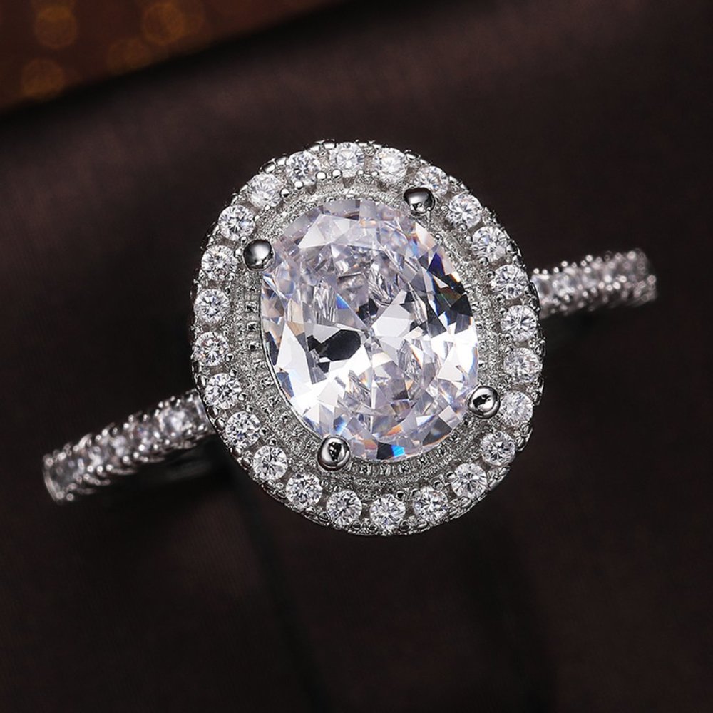 Beautiful Big Oval Pure Zircon Silver Plated Elegant Ring for Women, L113 - Picture 3 of 10